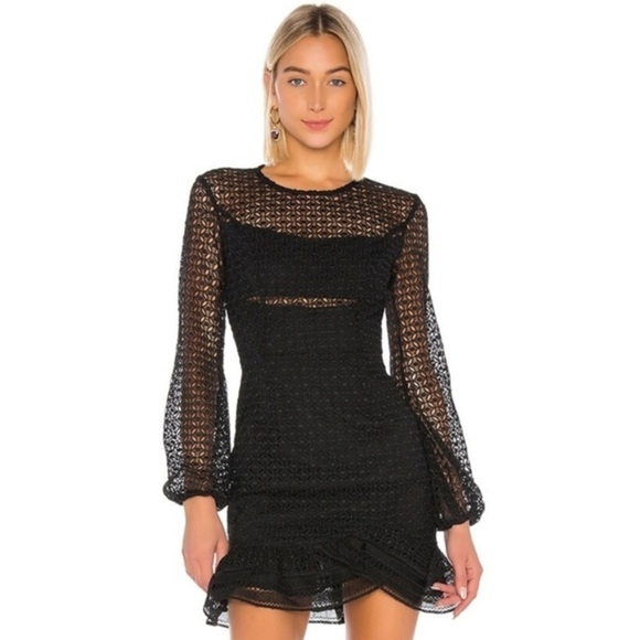 Bardot X Revolve Savannah Long Sleeve Carbon Black Lace Mini Dress Size Small - Picture 1 of 16